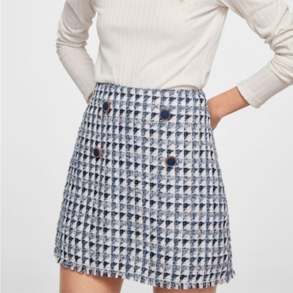 MANGO Metallic Blue White Geometric Textured Tweed Fringe Suit Skirt Fits XS